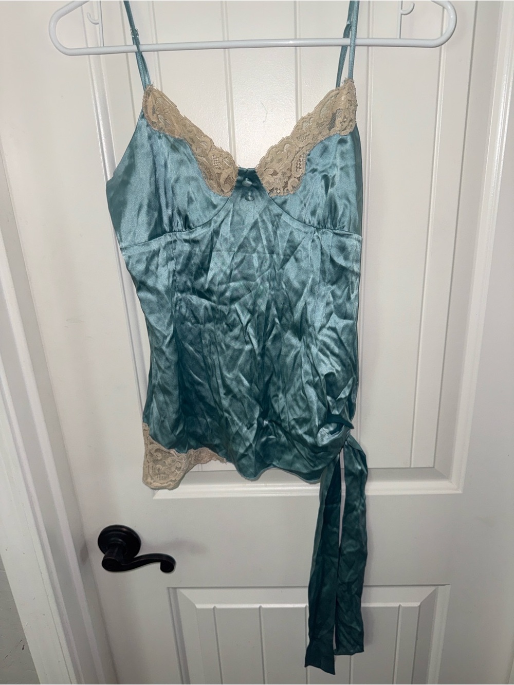 bebe Teal Satin tank top cami with Cream Lace Trim and Tie sz Small